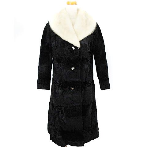 中古 OS Fur 最安値で ラムファーコート ヴァイオレットミンク衿 最初の ロング ベクトル 白 黒 レディース 古着