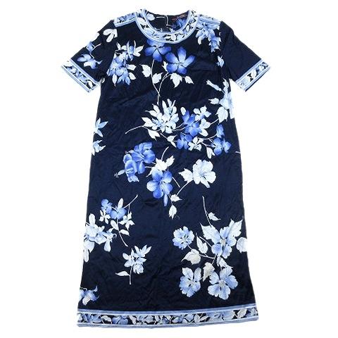 ブランド正規品 レオナール Leonard コットン100 花柄 ワンピース 半袖 ハーフ 膝丈 フラワープリント カットソー L 紺 7 12 レディース ベクトル 古着 割引セール Www Superavila Com