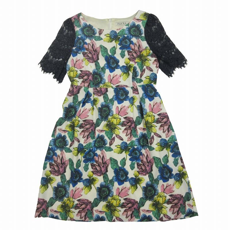 美品 フリッカ FLICKA 花柄 レーススリーブ ワンピース 半袖 膝丈  