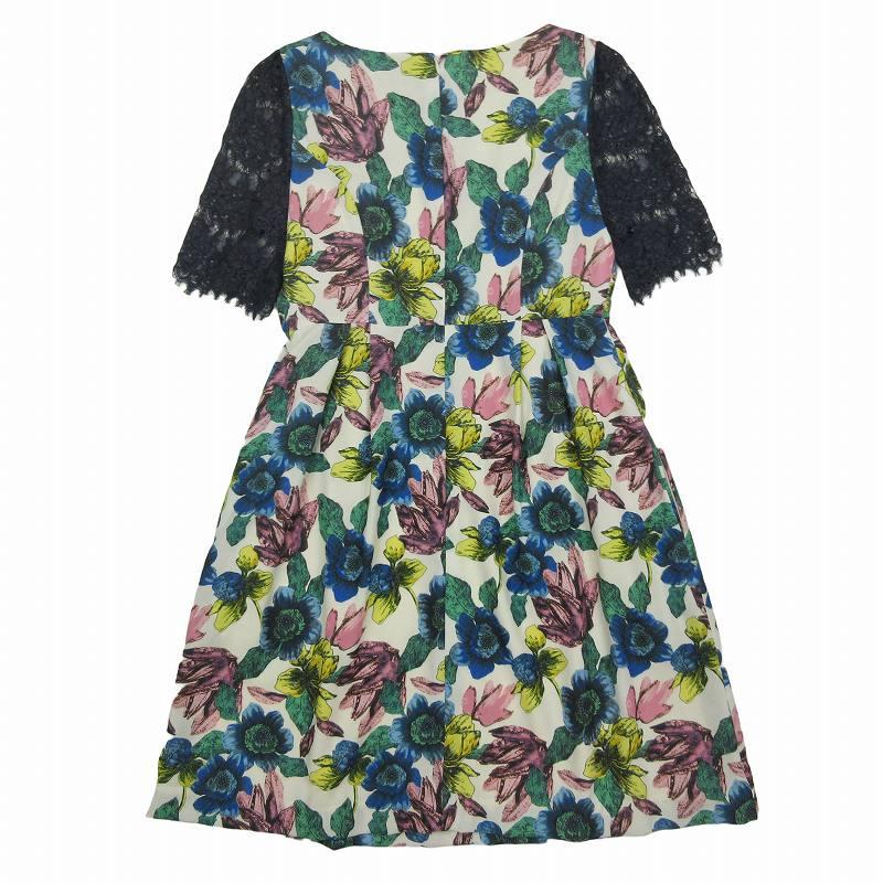 美品 フリッカ FLICKA 花柄 レーススリーブ ワンピース 半袖 膝丈 