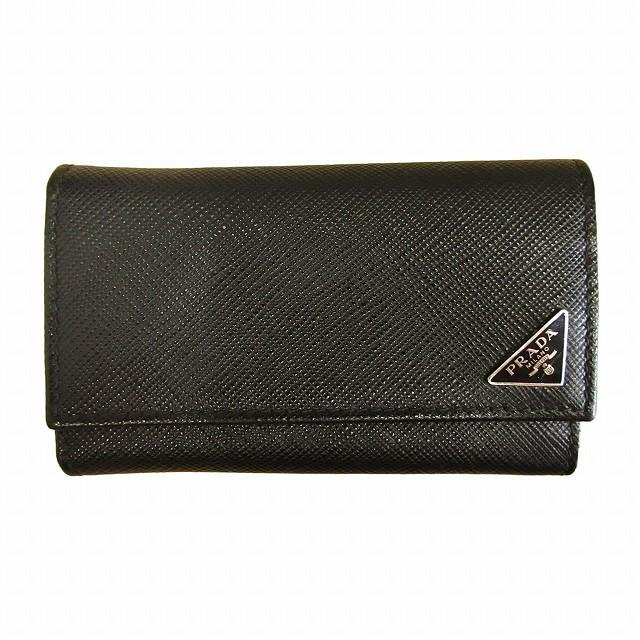 プラダ　新品未使用　キーケース　4連　トライアングル　ロゴ　サフィアノレザー　黒 プラダ新品未使用キーケース4連トライアングルロゴサフィアノ