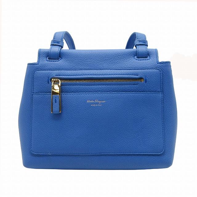 フェラガモガンチーニ肩掛けシボ レザー金具ロゴ型押しハンドバッグ