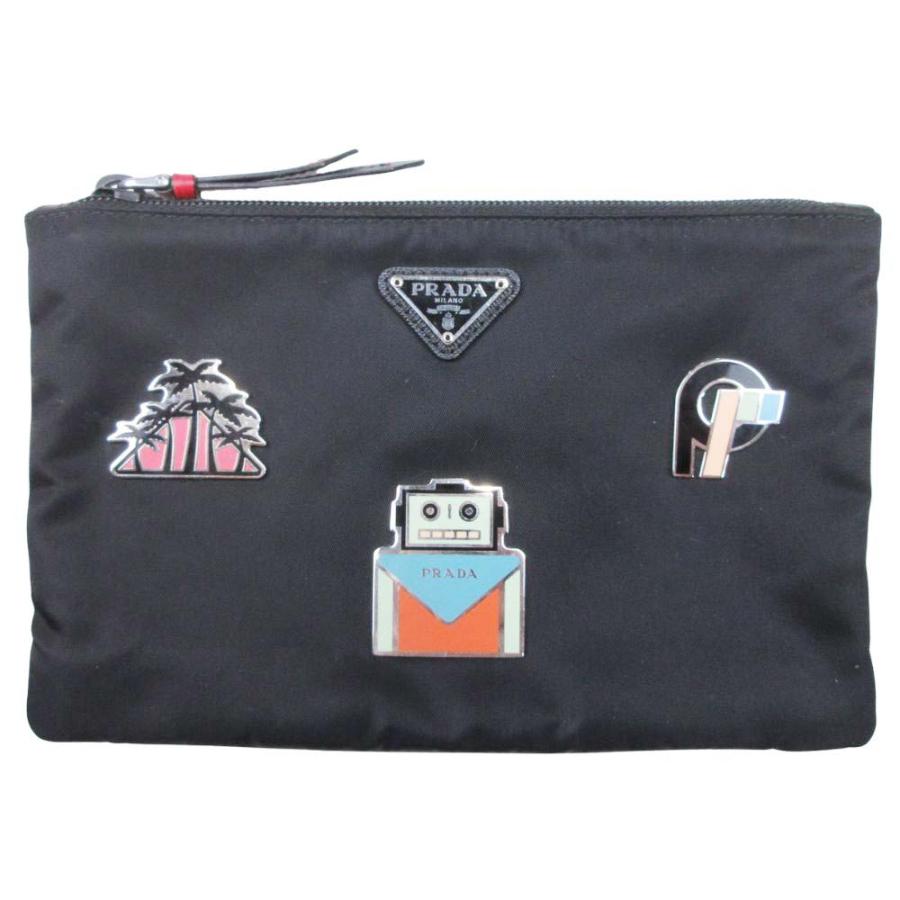 【中古】美品 2018年 プラダ PRADA ロボット メタルアップリケ ポーチ 小物 セカンドバッグ クラッチ 三角ロゴ PRADA（プラダ） 美品 2018年 ロボット メタルアップリケ ポーチ 小物
