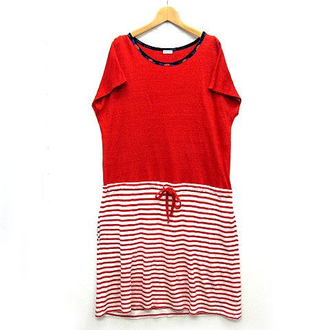 ツモリチサト ルーム Tsumori Chisato Room リネン ワンピース 膝丈 ボーダー フレンチスリーブ ルームウェア オレンジ ホワイト