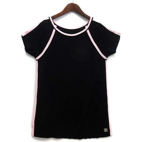 【中古】シャネル CHANEL スポーツライン コットン リブ ニット 半袖 ラグラン セーター ココマーク プレート ブラック ピンク ☆AA★ CHANEL（シャネル） スポーツライン コットン リブ ニット 半袖