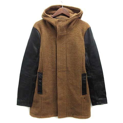 【中古】ノーアイディー NOID ウール ボア レザースリーブ フーデッド コート ブラウン ブラック 茶 黒 2 835003-706C メンズ ノーアイディー NOID ウール ボア レザースリーブ フーデッド コート