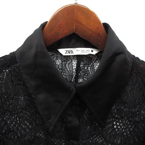ZARA（ザラ） サテントリム レース シャツ ブラウス 長袖 ブラック 黒