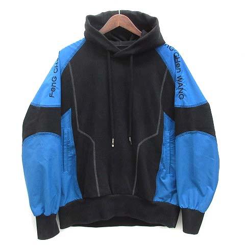 【中古】フェンチェンワン Feng Chen Wang スウェット 切替 パーカー プルオーバー French Terry Hoodie ブルー ブラック 青 黒 XS フェンチェンワン Feng Chen Wang スウェット 切替 パーカー プル