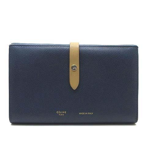 【中古】セリーヌ CELINE ストラップ ラージ マルチファンクション 二つ折り 長財布 104873 ネイビー ベージュ レディース CELINE（セリーヌ） ストラップ ラージ マルチファンクション 二つ折り