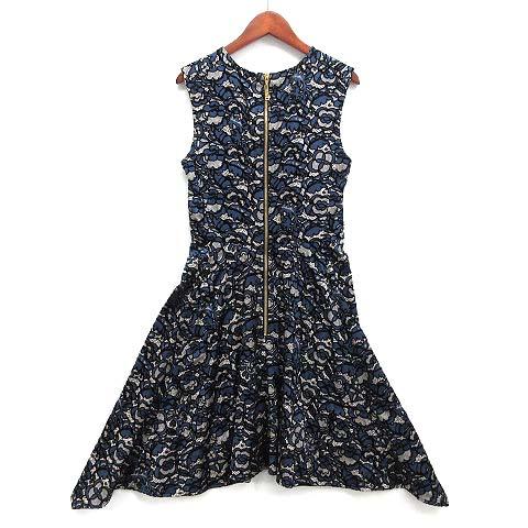 【中古】ルイヴィトン LOUIS VUITTON モノグラムフラワー フロッキー シルク ワンピース フレア ドレス ノースリーブ ネイビー 36 LOUIS VUITTON（ルイ・ヴィトン） モノグラムフラワー フロッキー