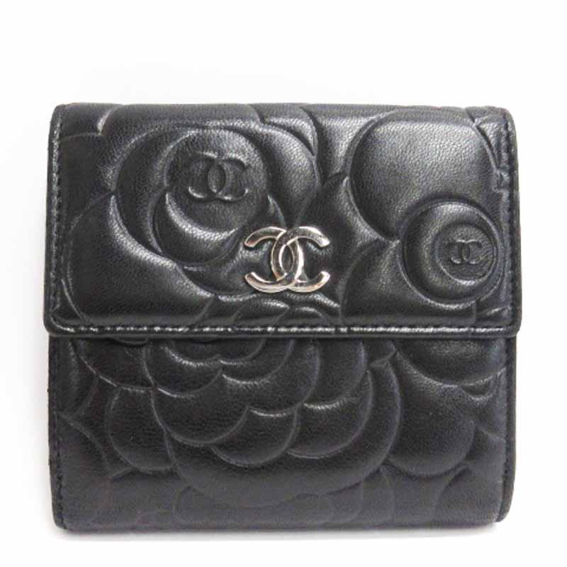 シャネル CHANEL カメリア ココマーク 二つ折り 財布 レザー ブラック  