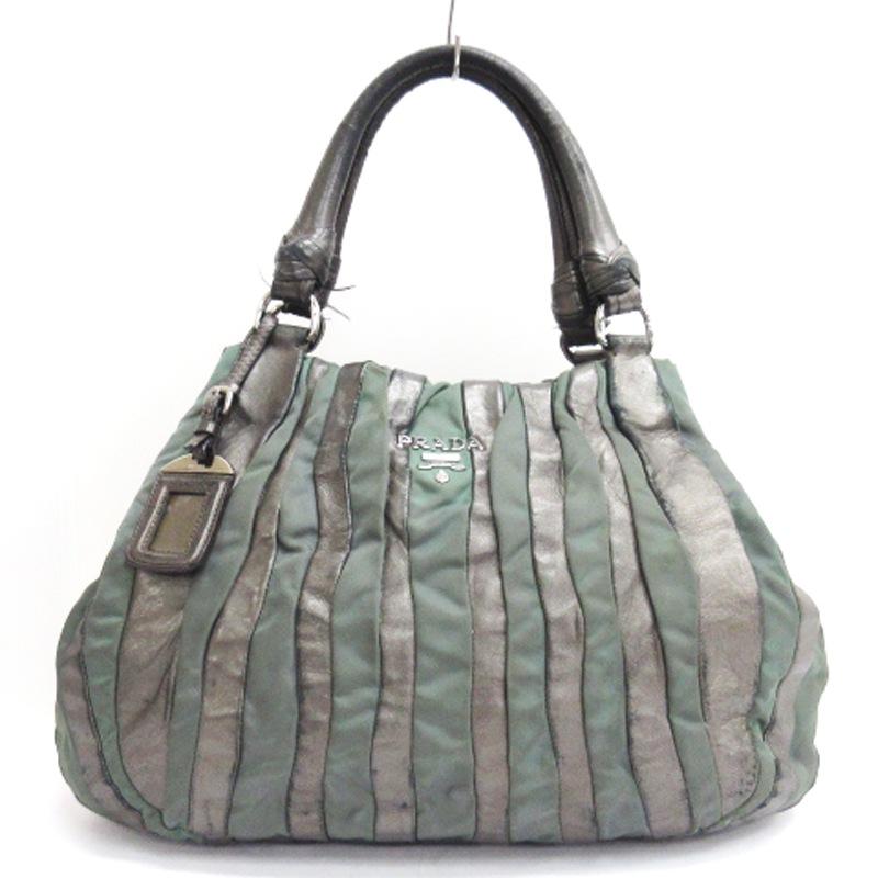 PRADA/プラダ　レザー・ナイロン　ハンドバッグ　グリーン　ヴィンテージ PRADA プラダ クリムソン ハンドバッグ トート ナイロン レザー