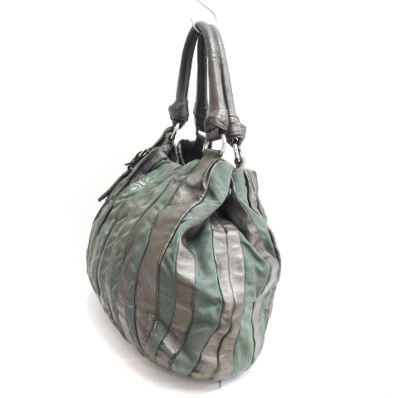 PRADA ハンドバック　プレート　カーキ　南京錠　ナイロン　レザー　使用感あり PRADA プラダ クリムソン ハンドバッグ トート ナイロン レザー