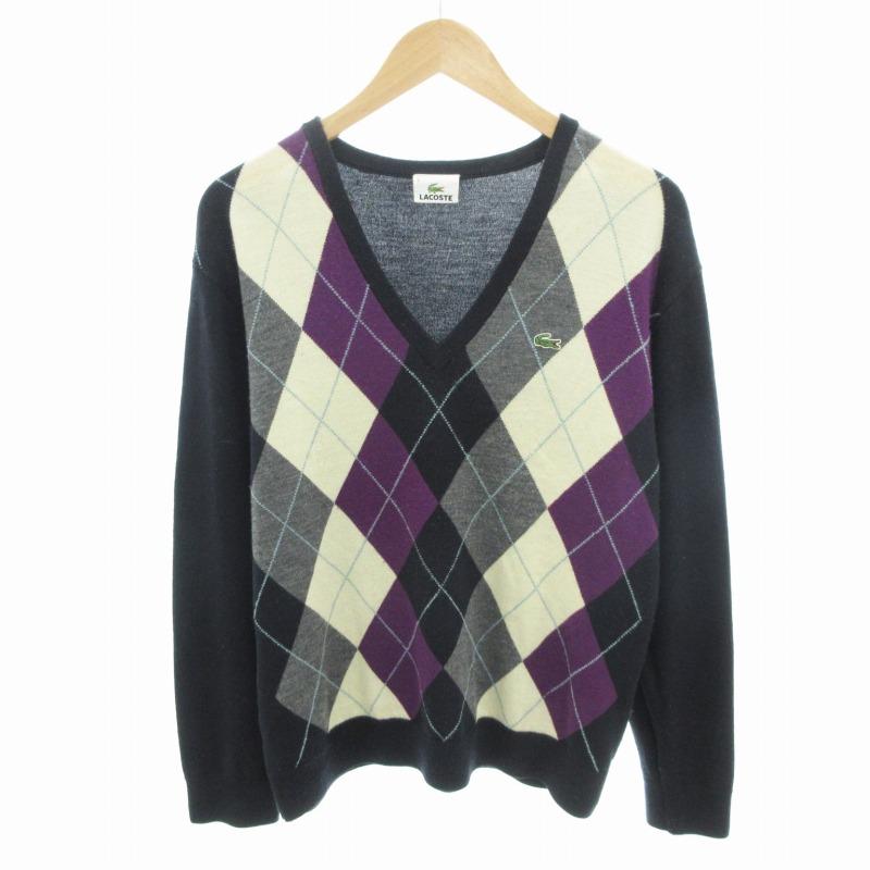 3512【希少・美品】ラコステ 刺繍ロゴ ウール アーガイル ニットセーター LACOSTE ラコステ ニット セーター アーガイル ウール Vネック ロゴ