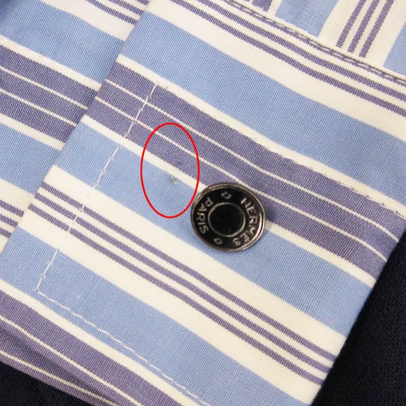 【中古】エルメス HERMES ニット切替 シャツ 長袖 ストライプ セリエボタン イタリア製 ネイビー M ■ECS メンズ HERMES（エルメス） ニット切替 シャツ 長袖 ストライプ セリエボタン