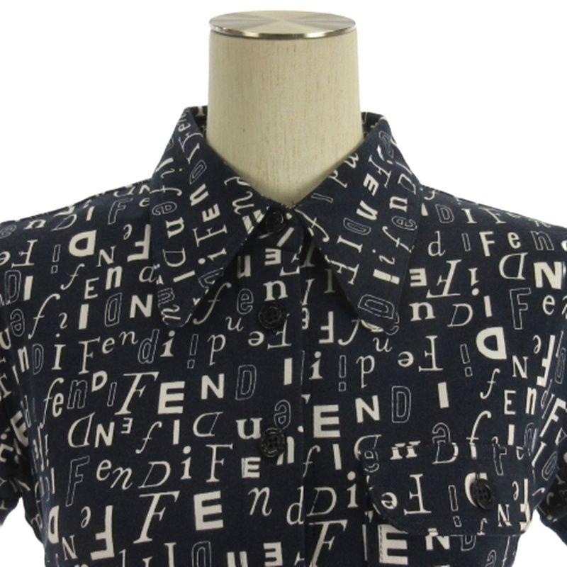 FENDI（フェンディ） ロゴ シャツ 半袖 総柄 ネイビー 40 ☆AA
