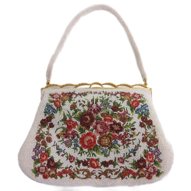 ノーブランド ビーズ刺繍 花柄 ハンドバッグ がま口 ホワイト □FF