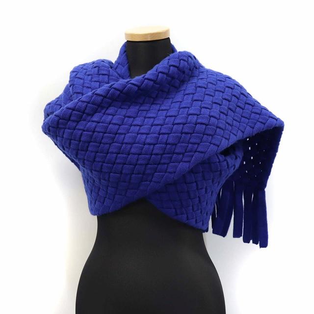 カシヤージュ カシミヤ100％ 編み込み フリンジ マフラー 大判ストール 青-
