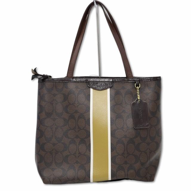 COACH コーチ シグネチャーストライプ ジップ トートバッグ ブラウン 