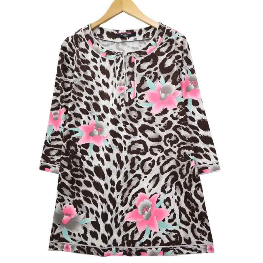 【中古】レオナール LEONARD ハーフボタン 長袖 レオパード ウエストベルト チュニック L グレー/ダークブラウン LEONARD（レオナール） ハーフボタン 長袖 レオパード ウエストベルト