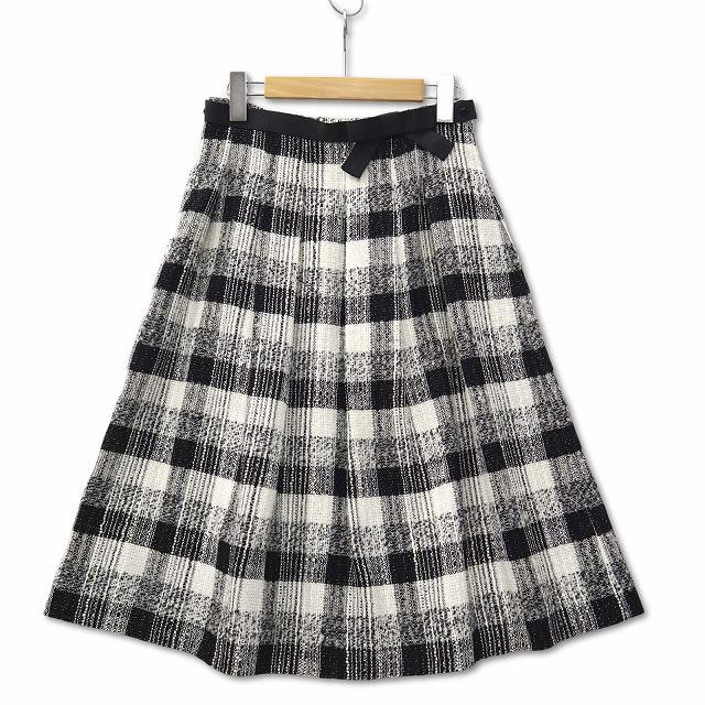 エムズグレイシー グログランリボン ラメ チェック柄 ツイード フレアスカート 未使用品 エムズグレイシー M'S GRACY グログランリボン ラメ