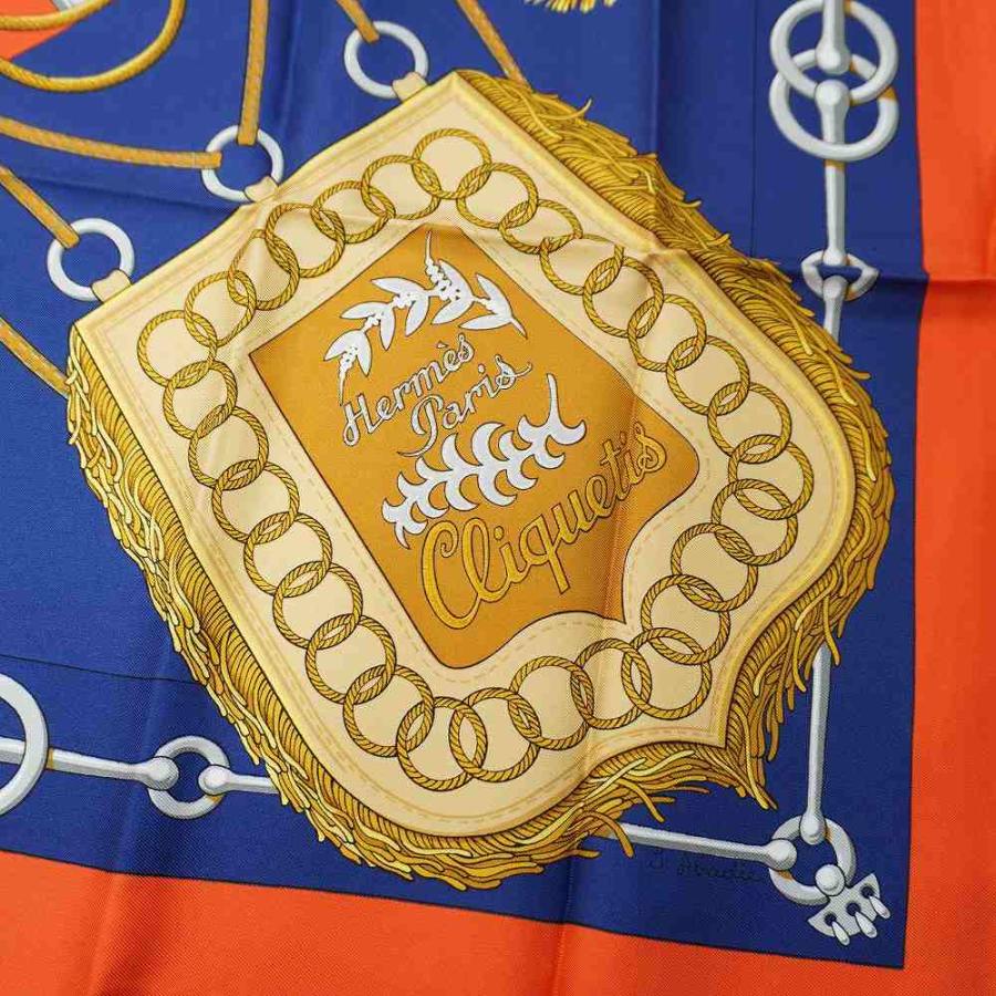 未使用品 エルメス HERMES CLIQUETIS クリケティス カレ90 シルク スカーフ ORANGE/NAVY(オレンジ/ネイビー) レディース_4