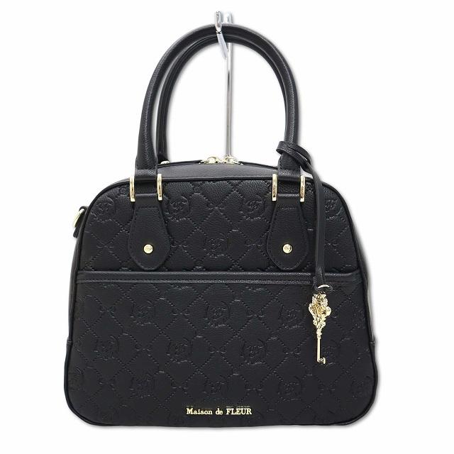 【中古】メゾンドフルール Maison de FLEUR モノグラムトラペゾイドバッグ 型押し ハンドバッグ ブラック レディース メゾンドフルール Maison de FLEUR モノグラムトラペゾイドバッグ 型