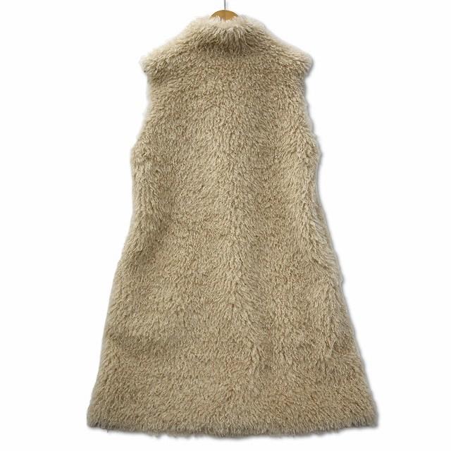 ファー付きベージュのロングベスト Dignite collier 2ホック プードルファー ロング ベスト F ベージュ