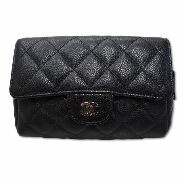 シャネル キャビアスキン レザー ココマーク コンパクト 化粧 コスメポーチ CHANEL（シャネル） キャビアスキン レザー ココマーク コンパクト