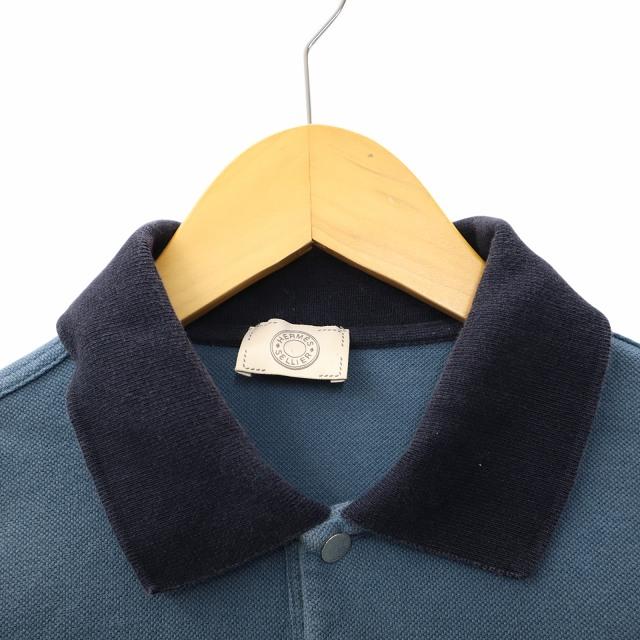 エルメス セリエボタン 長袖 コットン ニット ポロシャツ M BLUE ブルー エルメス HERMES セリエボタン 長袖 コットン ニット ポロシャツ M