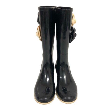 シャネル CHANEL ココマークカメリアレインブーツ長靴 ブラック白