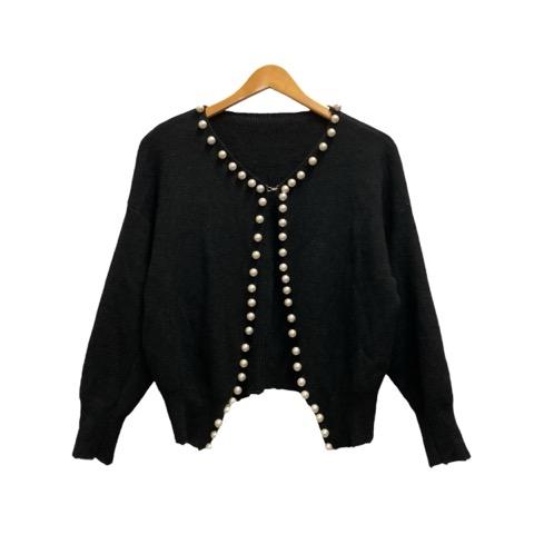 barnahan カーディガン 長袖 クルーネック 無地 パール装飾 F 黒  