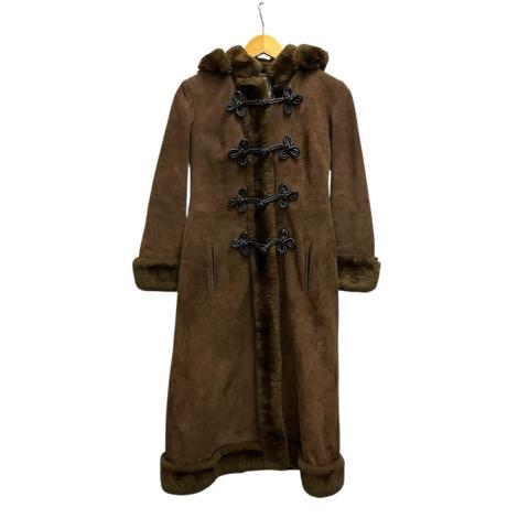 ハナエモリ HANAE MORI ムートンコート 長袖 無地 ファー フード 7 茶 