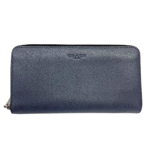 COACHコーチ 長財布 ネイビー クロスグレインレザー 極美品 ラウンド鑑定済 COACH（コーチ） 長財布 ラウンドファスナー ロゴ クロスグレイン