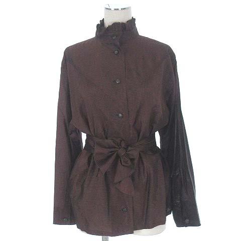 日本未入荷 入手困難 中古 クリスチャンディオール Christian Dior Pret A Porter シルク シャツ スタンドカラー フリル 絹100 長袖 総柄 ブラウン 茶 9号 ベクトル 古着 最安値挑戦 Www Skylanceronline Com