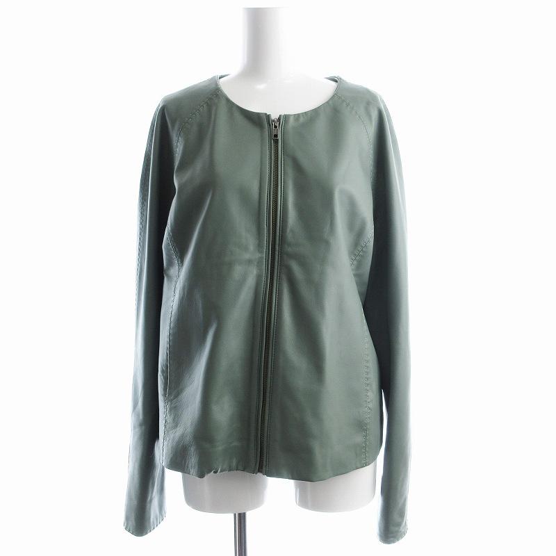 ジャンルイシェレル*LL / XL*ノーカラーラムレザージャケット*緑*羊革 ジャンルイシェレル*LL / XL*ノーカラーラムレザージャケット*緑
