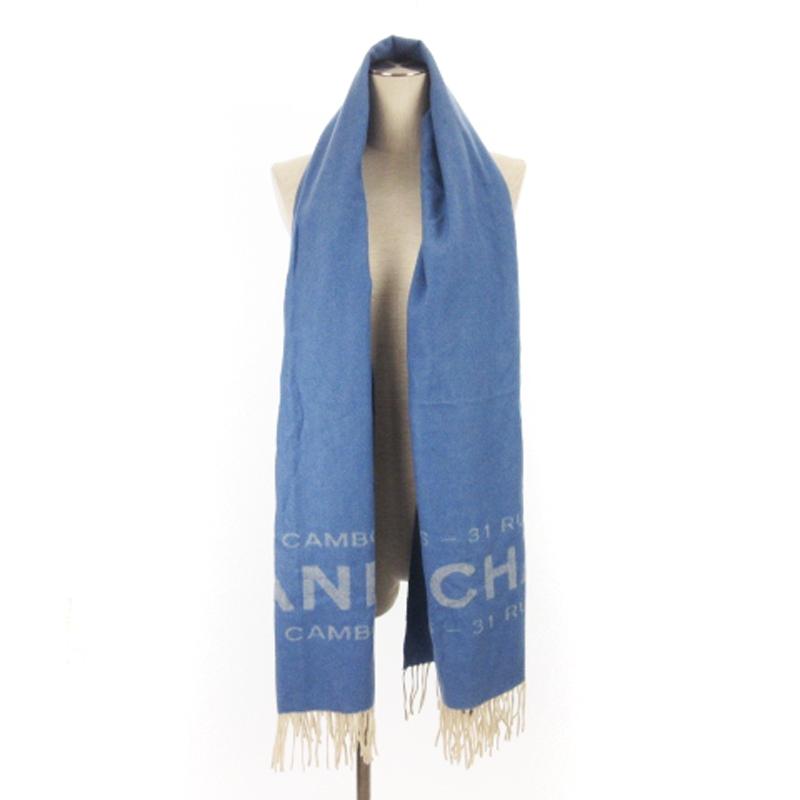 か*ん様 CHANEL フリンジ付き ブルー マフラー シャネル CHANEL マフラー ストール フリンジ ロゴ ココマーク