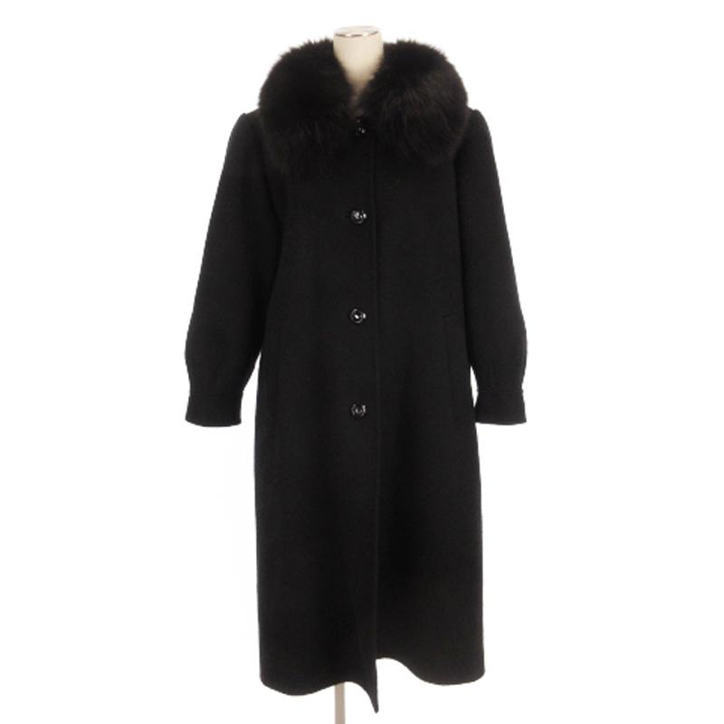 【中古】レリアン Leilian ステンカラー コート ロング カシミヤ混 ブルーフォックスファー ブラック 13＋ ■GY99 レリアン Leilian ステンカラー コート ロング カシミヤ混 ブルー