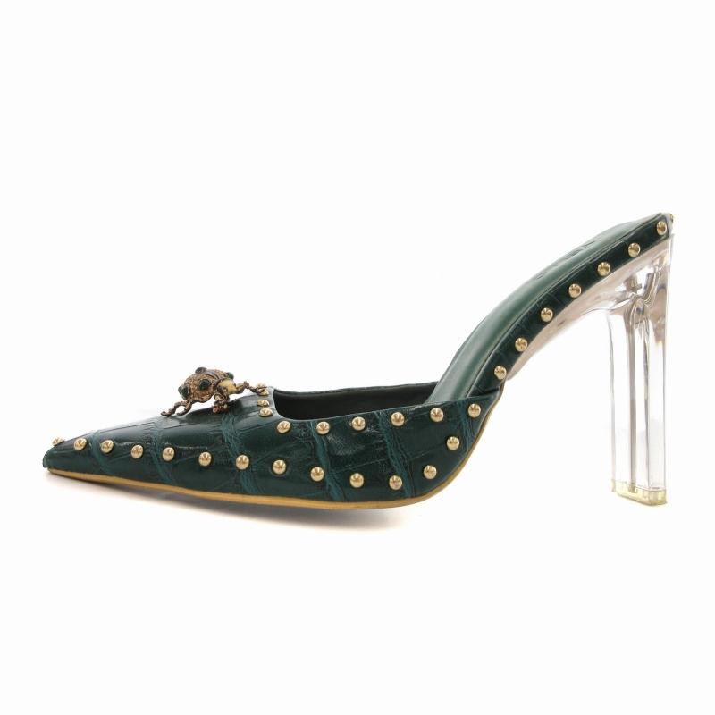 イエロー YELLO パンプス チャンキーヒール レザー スタッズ ビジュー