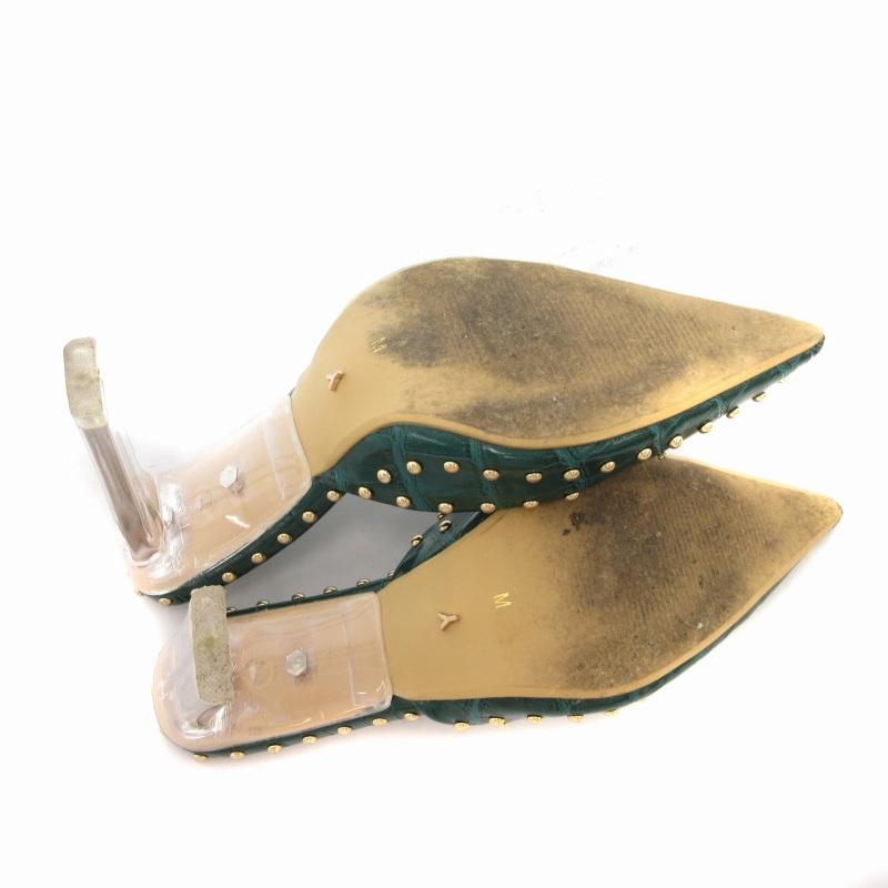 イエロー YELLO パンプス チャンキーヒール レザー スタッズ ビジュー