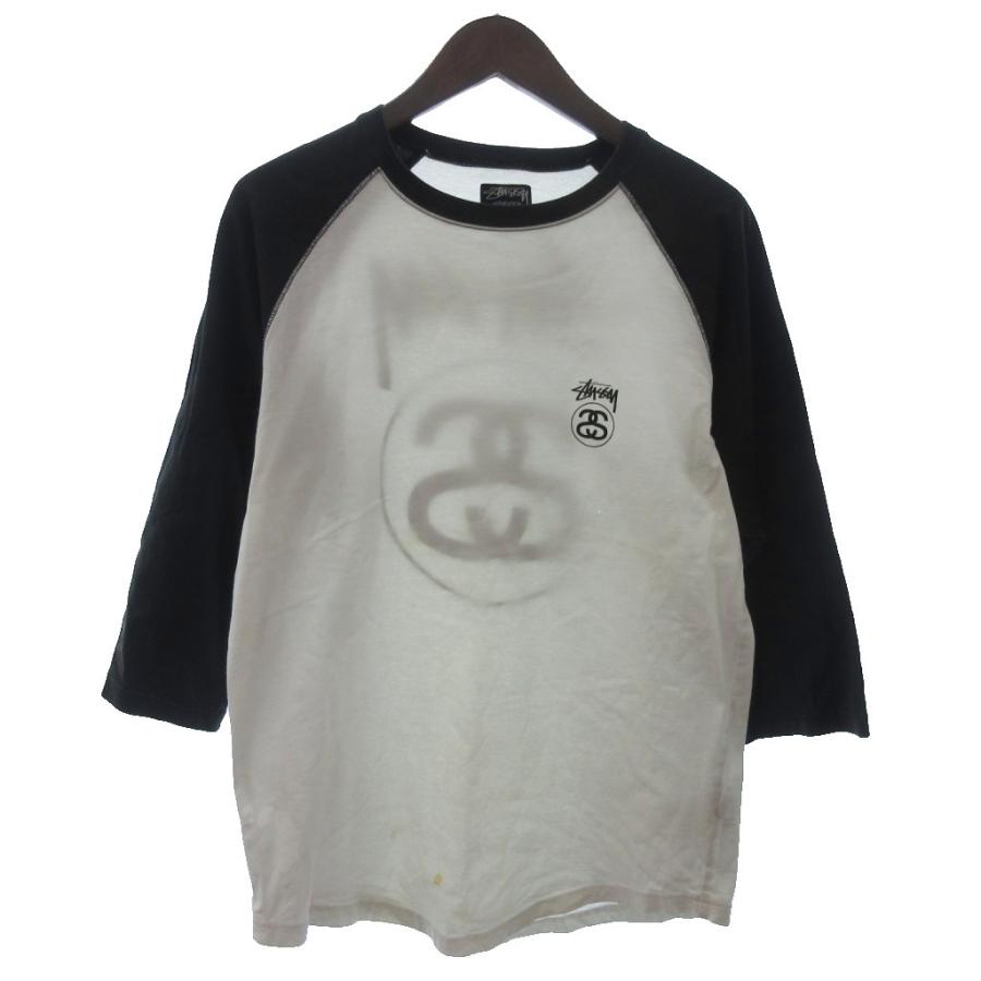 STUSSY（ステューシー） ラグラン ロング Tシャツ 七分袖 ロゴ 白 黒 M