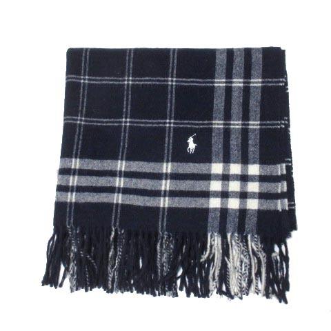 中古 ラルフローレン Ralph Lauren マフラー メンズ ストール チェック フリンジ 紺 白 ネイビー ホワイト ポニー ワンポイント Rrr X 0418 送料無料キャンペーン