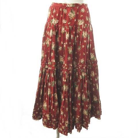 美品✨ピンクハウス ティアード ピコフリル 花柄 スカート 総柄 フリー ピンクハウススカート花柄チェックブーケロングスカートボルドー