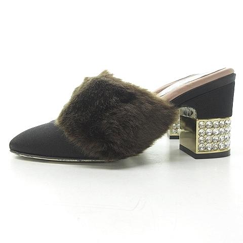 グッチ GUCCI 522190 サテン ファー サンダル ミュール パンプス