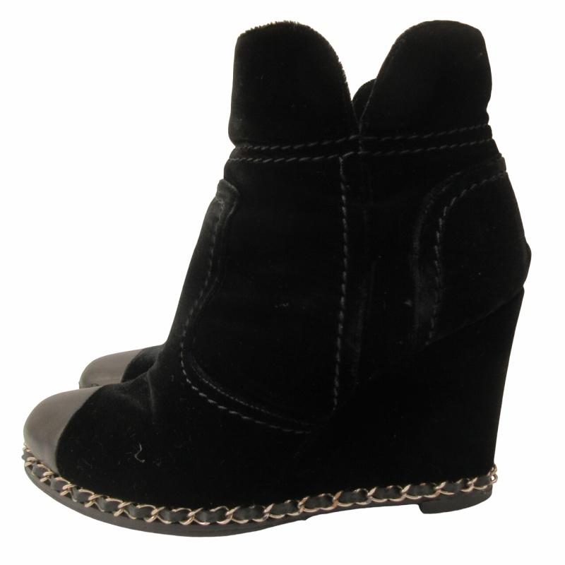 CHANEL 黒 ベルベット ウェッジヒール 35.5