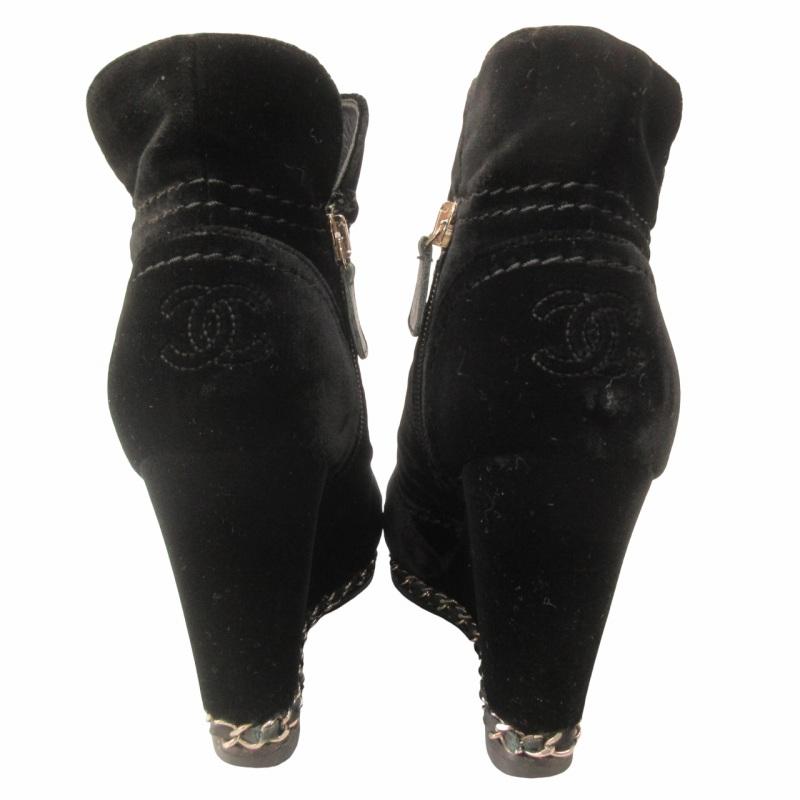 CHANEL シャネル ベルベット チェーン ショートブーツ ウエッジソール  