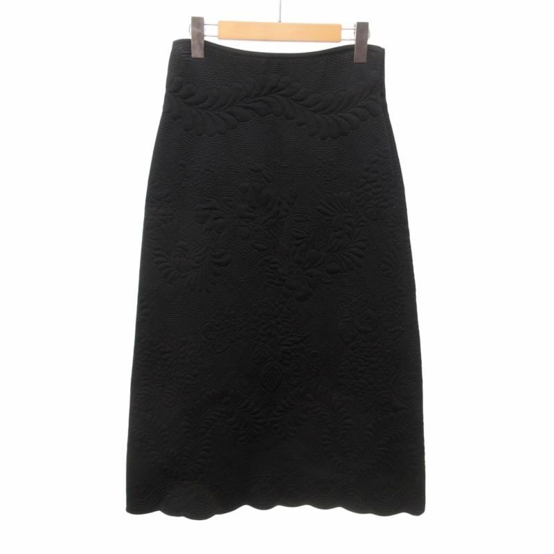 【中古】フェンディ FENDI 美品 ボタニカル柄 エンボス ニットスカート ロング 黒 ブラック 40 約M FZQ622 IBO65 FENDI（フェンディ） 美品 ボタニカル柄 エンボス ニットスカート
