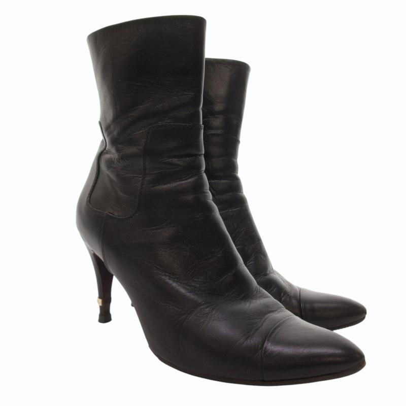 ★CHANEL★ ブラックレザー ショートブーツ37（約23.5）ウェッジヒール ☆CHANEL☆ ブラックレザー ショートブーツ37（約23.5）ウェッジ
