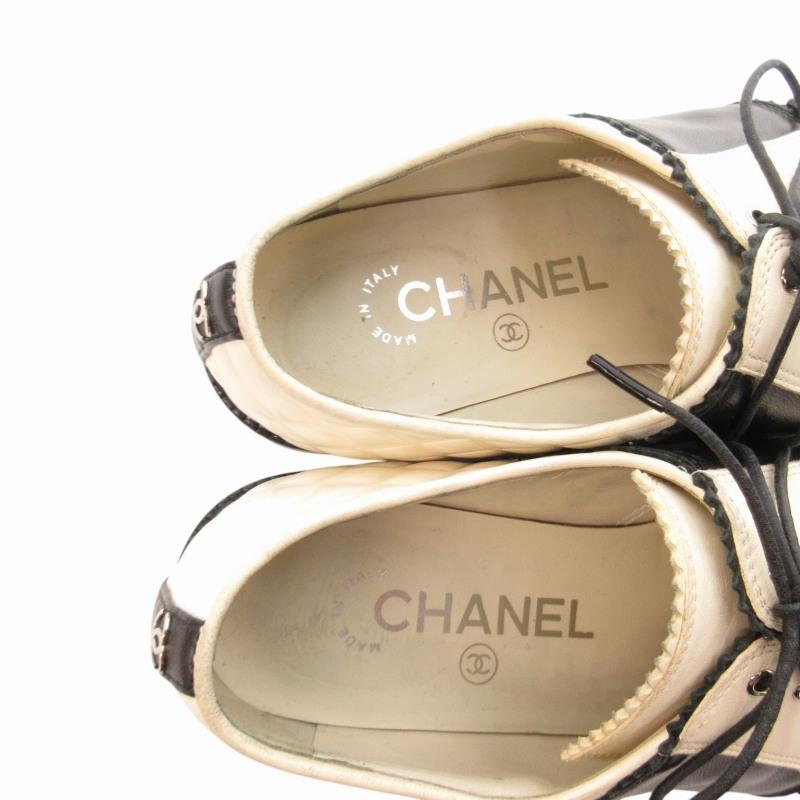 美品★CHANEL・レザー切替 メタルココマーク ヒールロゴ パンプス(35C) 美品☆CHANEL・レザー切替 メタルココマーク ヒールロゴ