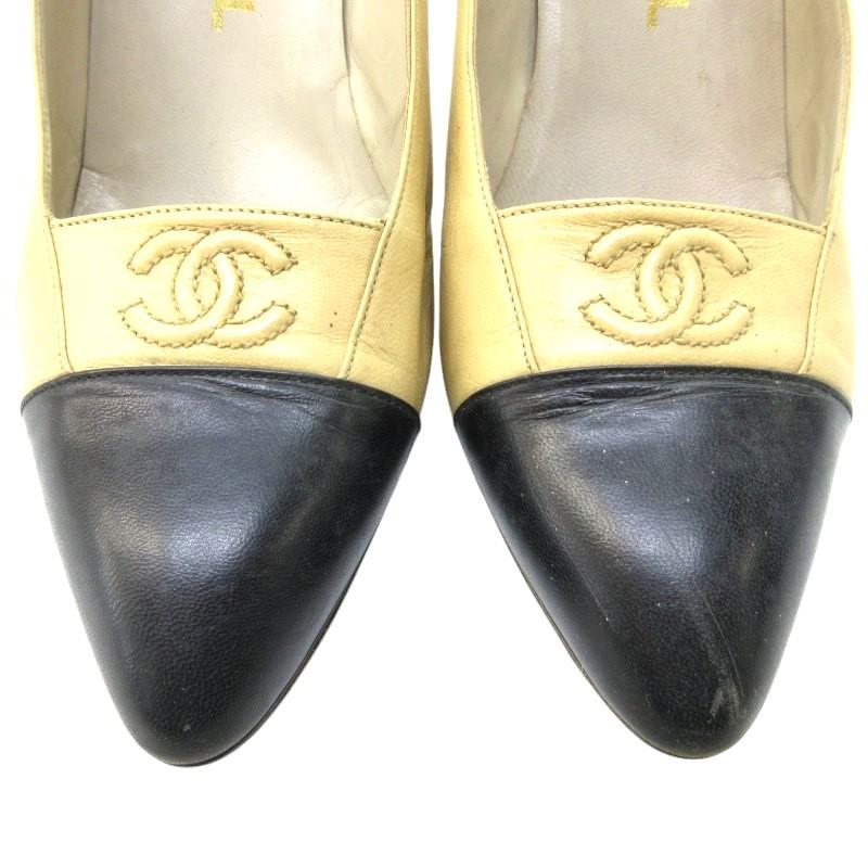 シャネル CHANEL バイカラー パンプス 36.5 ココマーク 黒 ベージュ